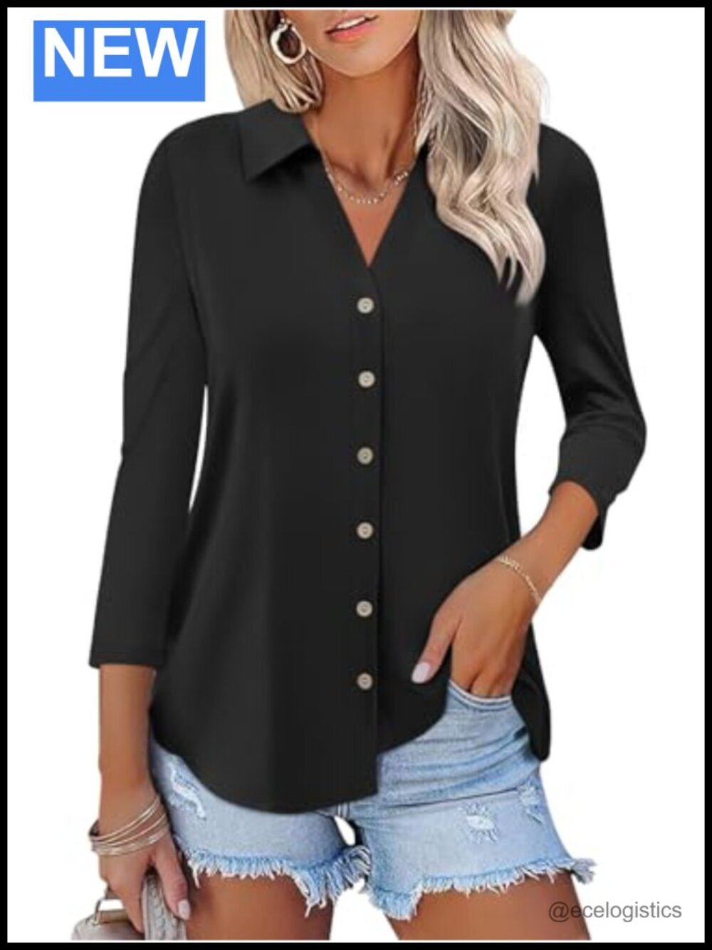 Womens 3/4 Sleeve Button Down Blouse Dressy Casual Stretchy Soft Top Solid